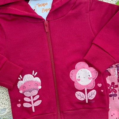 Conj. Jaqueta com Capuz Duas Florzinhas e Calça Legging - Bordo e Rose